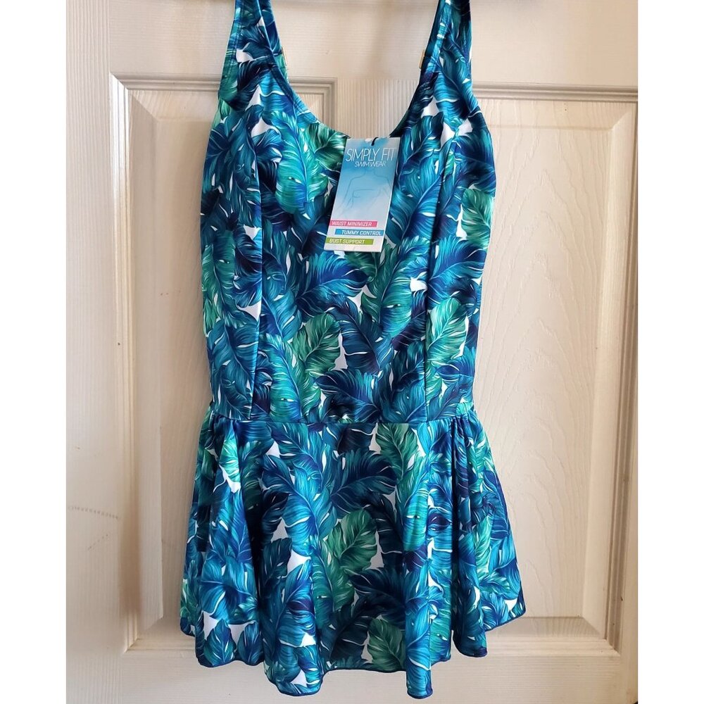 NWT "Simply Fit" Med Bathing Suit Slimming Swimwear blue-green floral tropical